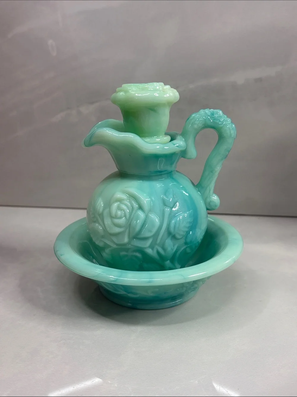 Vintage 1971 Avon Victoriana Skin So Soft Jadeite Slag Glass Pitcher & Bowl Set